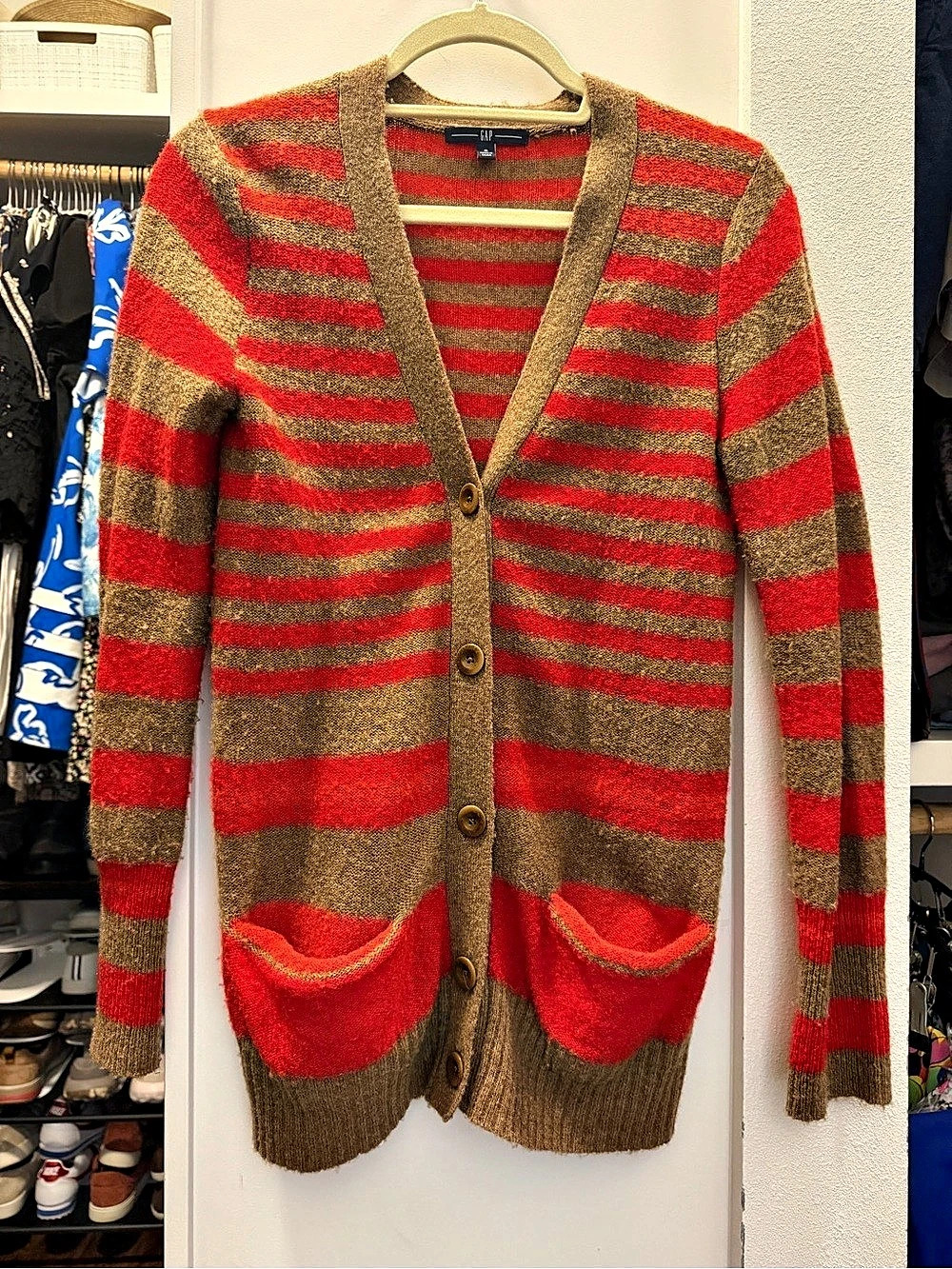 GAP Wool Blend Long Striped Grandpa Cardigan Brown Red Size S